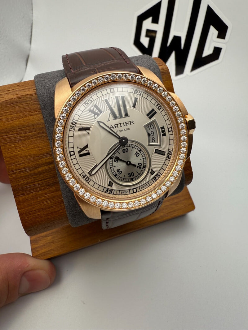 Cartier De Calibre WF100005 Silver Dial 18K Rose Gold Diamond Mens Watch 42MM
