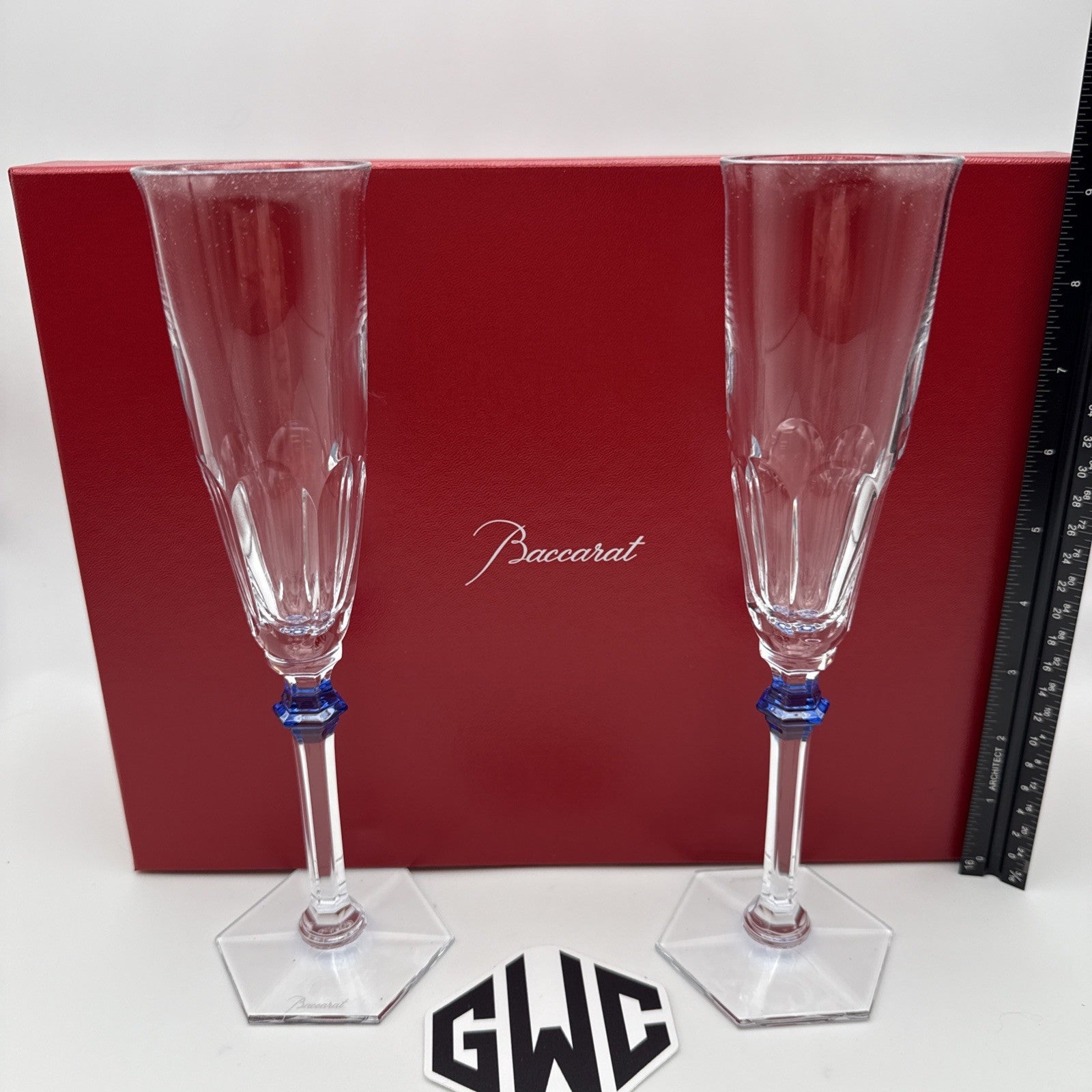 Baccarat Eve Harcourt Champagne Flute Blue Knob Clear Crystal 2 PCs New 2811092
