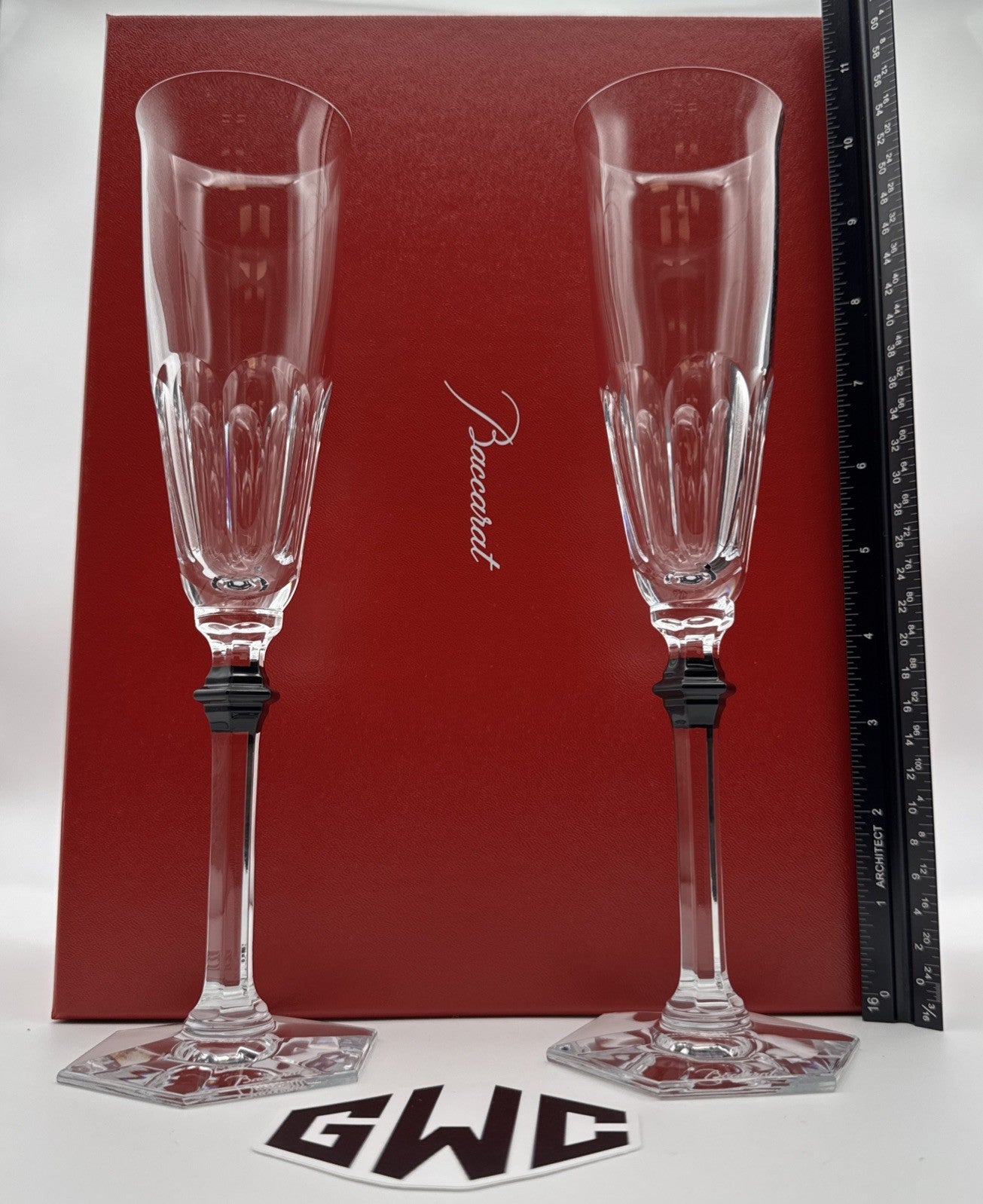 Baccarat Harcourt Eve Champagne Flutes Clear Crystal & Black 2 Piece 2814042 NIB