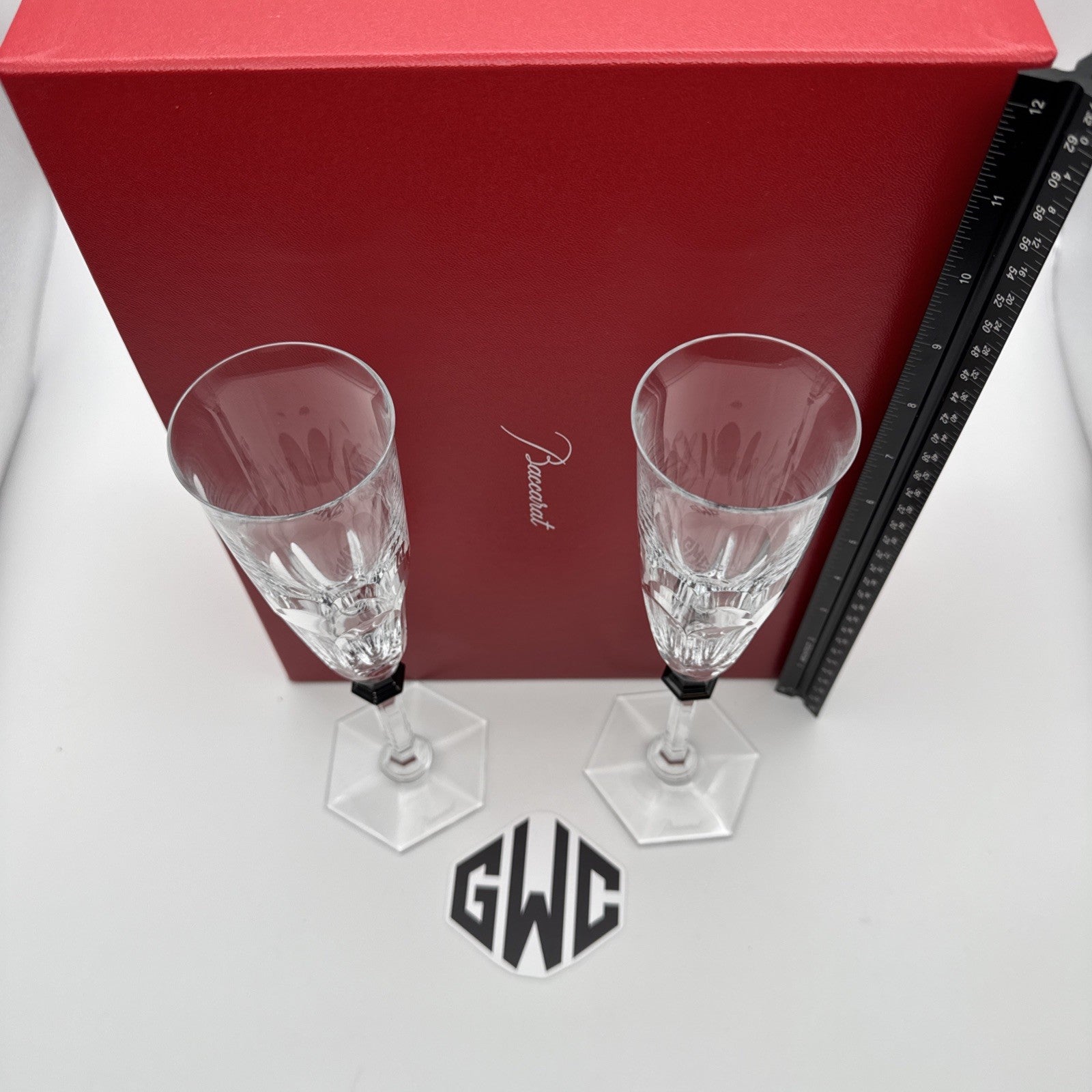Baccarat Harcourt Eve Champagne Flutes Clear Crystal & Black 2 Piece 2814042 NIB