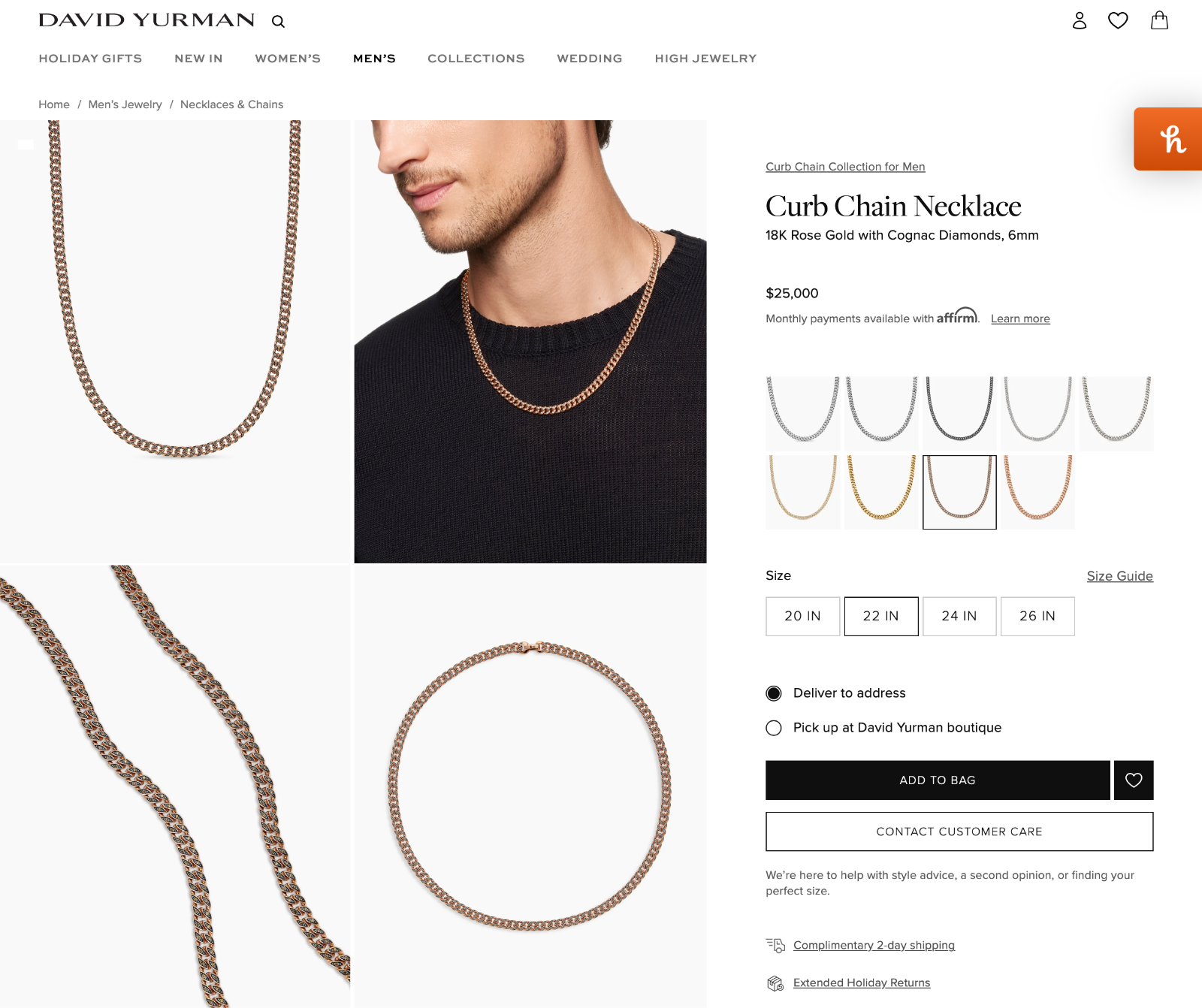 $25000 David Yurman Curb Chain Necklace 18K Rose Gold Cognac Diamonds 6mm 22in
