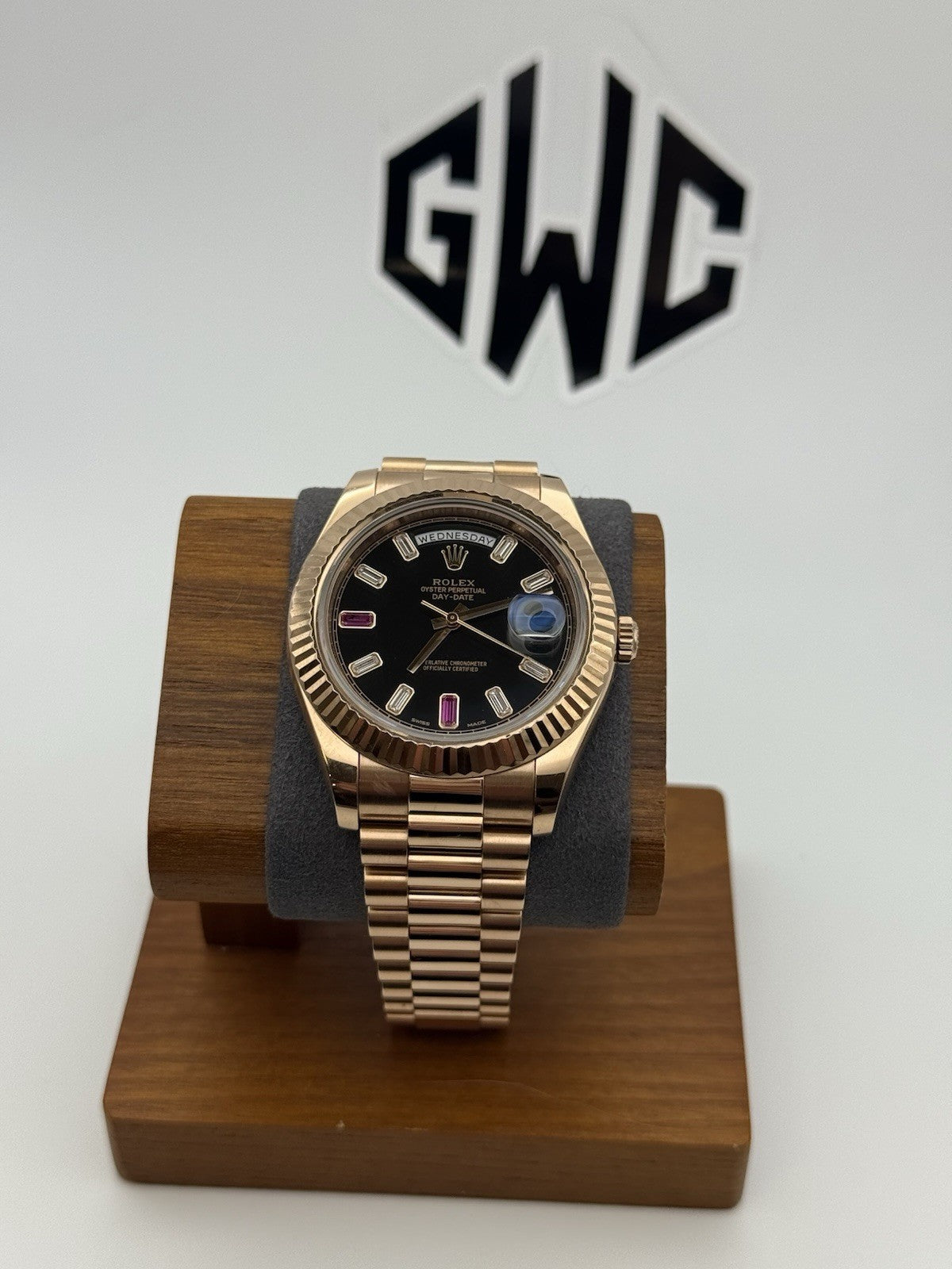 Rolex Day-Date II 41mm 218235 Black Diamond and Ruby Dial Rose Gold Band