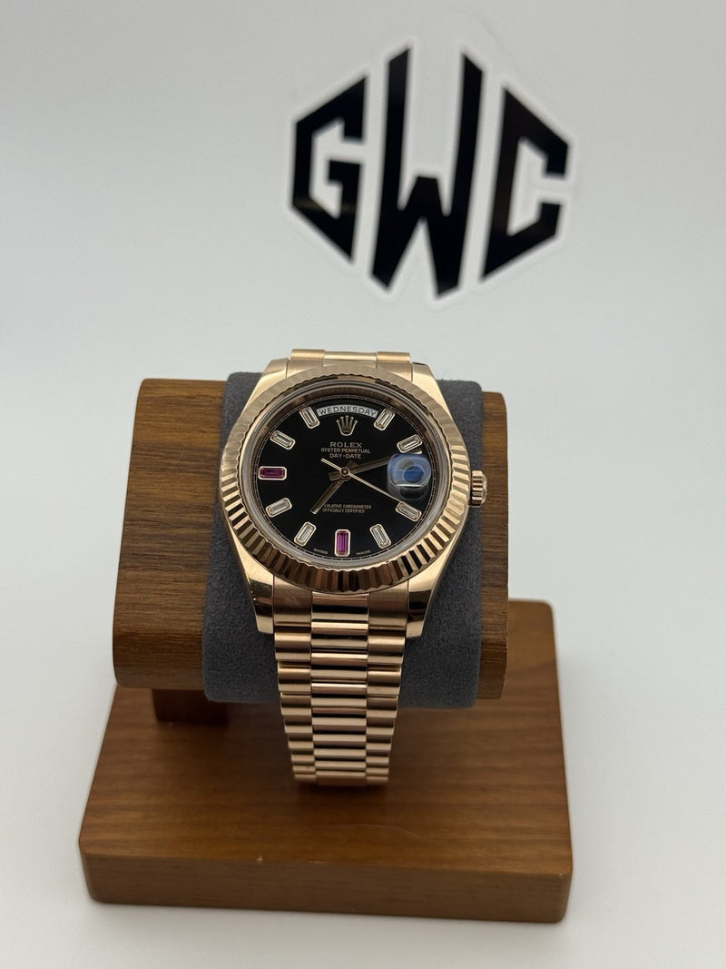 Rolex Day-Date II 41mm 218235 Black Diamond and Ruby Dial Rose Gold Band