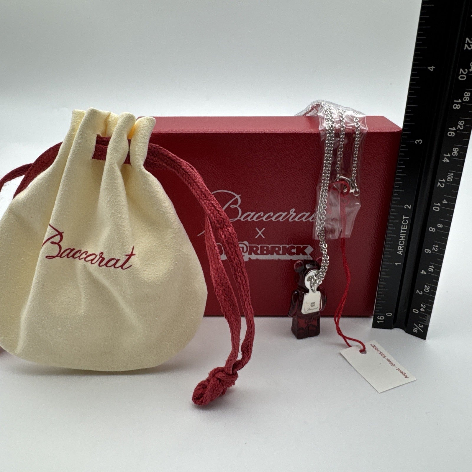 Baccarat Red Crystal BearBrick Long Necklace Silver 32 Inch New In Box 2814118