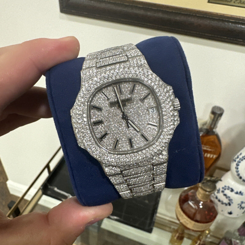 Mens Patek Philippe Nautilus 5711/1A Steel Pave Set Iced Diamond Watch