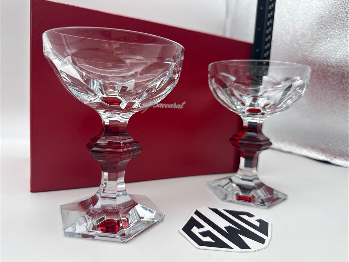 Baccarat Harcourt Red Knob Champagne Coupes Clear and Red Crystal New 2814393