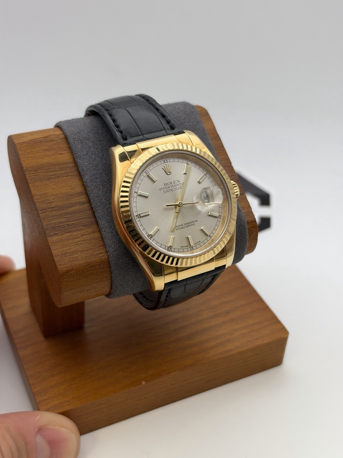 Rolex Datejust 36MM 116138 Silver W/ Papers 18K Solid Gold Leather Bracelet
