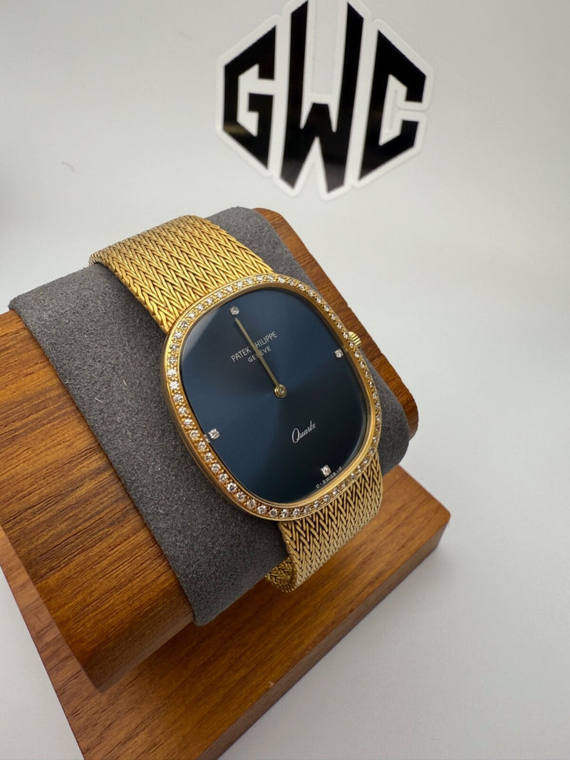 Patel Philippe Ellipse 3875/1J Yellow Gold 18K Blue Dial Diamond Bezel Quartz