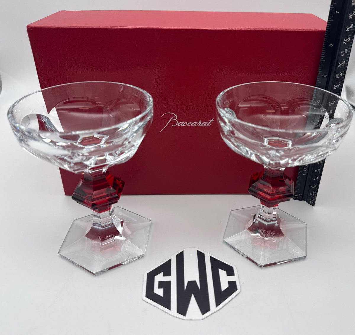 Baccarat Harcourt Red Knob Champagne Coupes Clear and Red Crystal New 2814393