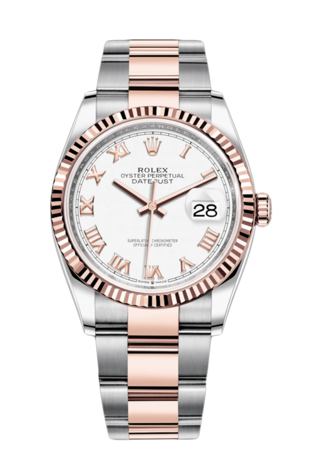 Rolex Datejust 126231 White Roman Fluted 36mm Oyster Rose Gold / Stainless Steel