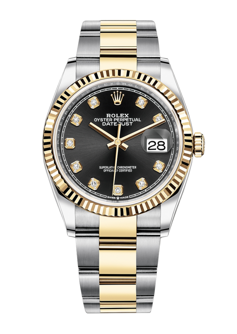 Rolex Datejust 126233 Diamond Black Fluted 36mm Oyster Yellow Gold / Stainless Steel