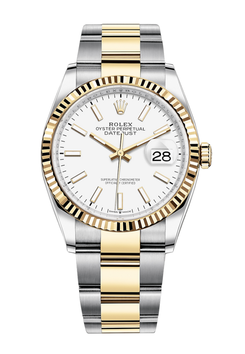 Rolex Datejust 126233 White Index Fluted 36mm Oyster Yellow Gold / Stainless Steel