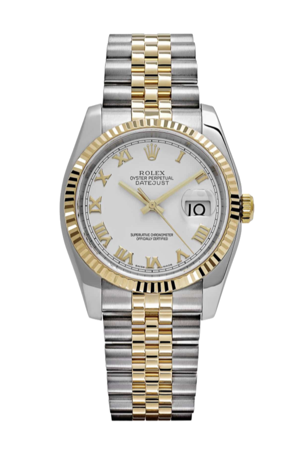 Rolex Datejust 126233 White Roman Fluted 36mm Jubilee Yellow Gold / Stainless Steel