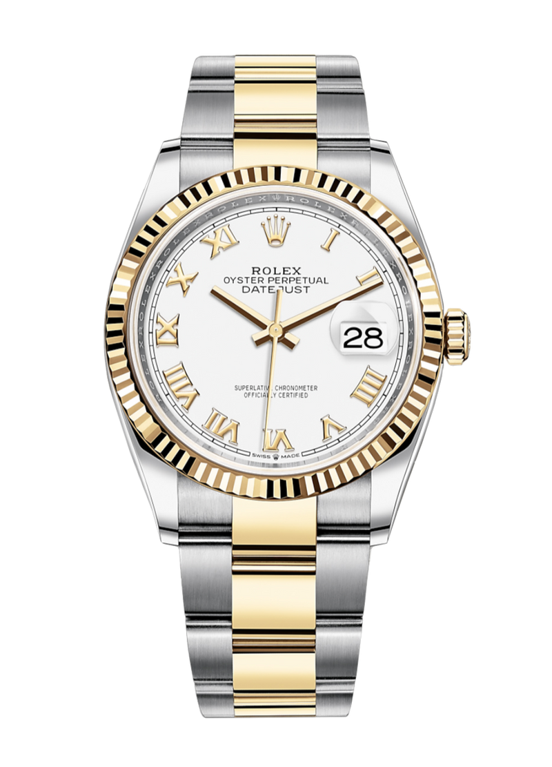Rolex Datejust 126233 White Roman Fluted 36mm Oyster Yellow Gold / Stainless Steel