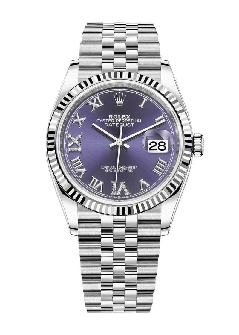 Rolex Datejust 126234 Diamond Aubergine Purple Roman Fluted 36mm Jubilee Stainless Steel