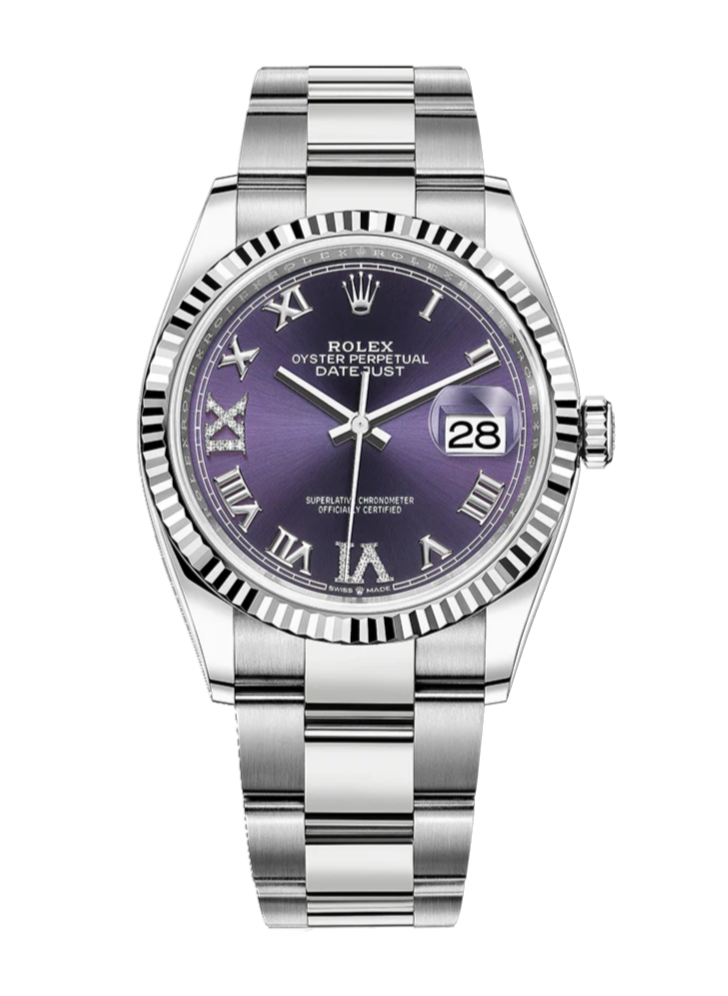 Rolex Datejust 126234 Diamond Aubergine Purple Roman Fluted 36mm Oyster Stainless Steel