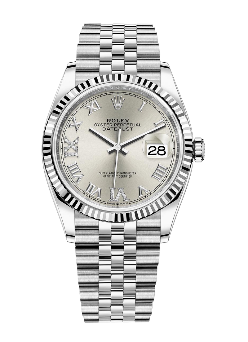 Rolex Datejust 126234 Diamond Silver Roman Fluted 36mm Jubilee Stainless Steel