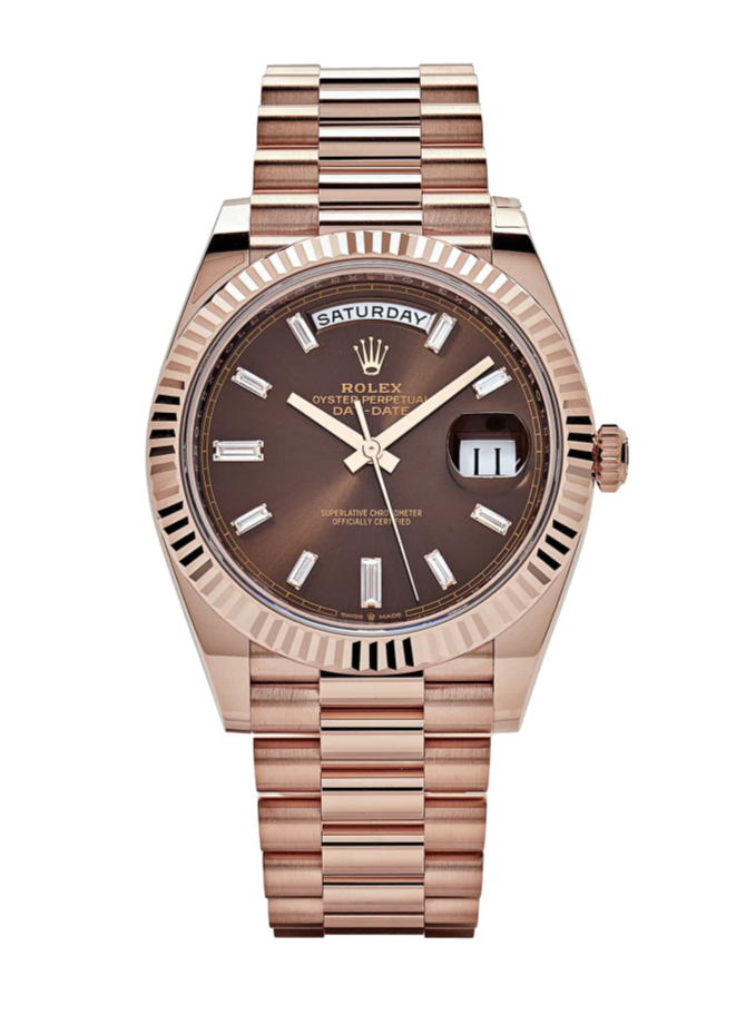 Rolex Day-Date 228235 Baguette Diamond Chocolate 40mm President Rose Gold