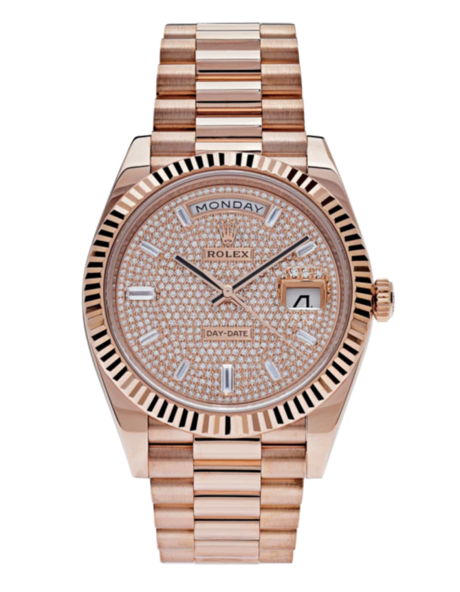 Rolex Day-Date 228235 Baguette Diamond Sundust 40mm President Rose Gold