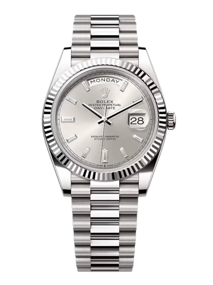 Rolex Day-Date 228239 Baguette Silver 40mm President White Gold